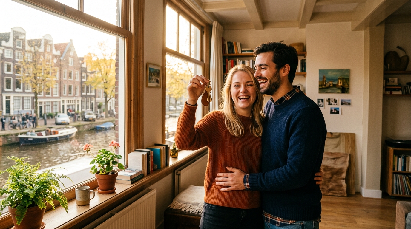 Happy tenant holding apartment keys in the Netherlands